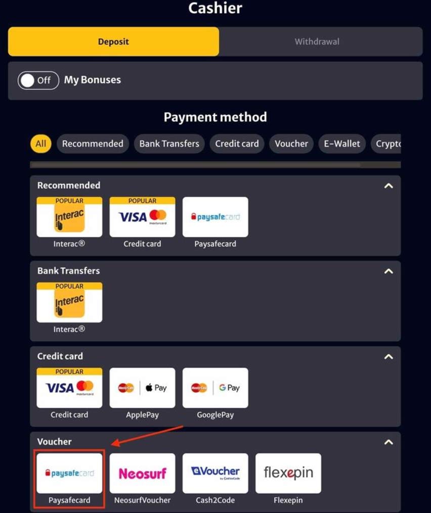 WinShark Casino cashier section