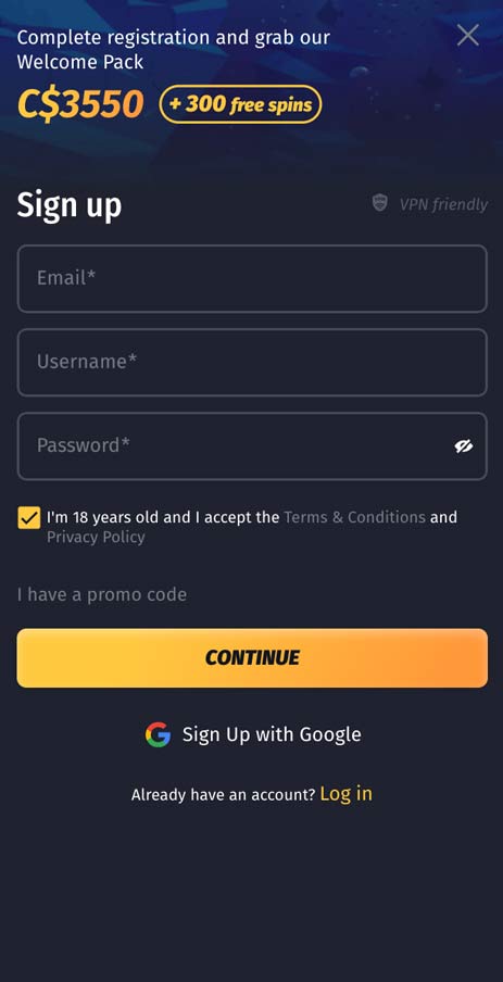 WinShark Casino Sign-up screen